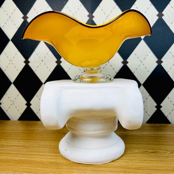 Vintage Amber Glass Wide Compote Bowl Pedestal Midcentury Décor Statement Piece - Picture 16 of 17